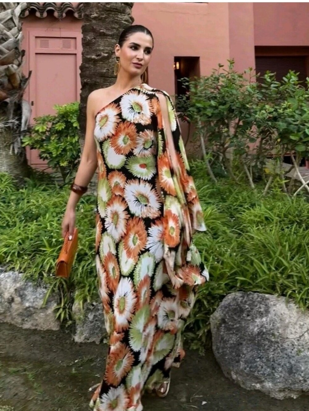 Zara One-Shoulder Floral Dress in Black, Orange, Green, White